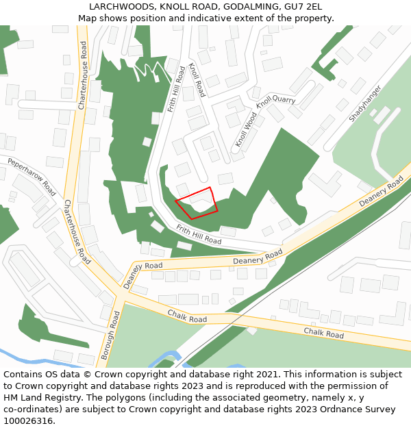 LARCHWOODS, KNOLL ROAD, GODALMING, GU7 2EL: Location map and indicative extent of plot