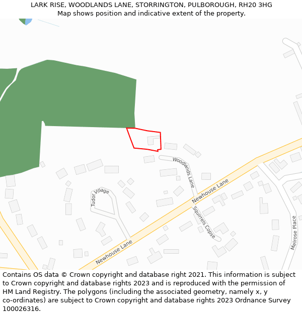 LARK RISE, WOODLANDS LANE, STORRINGTON, PULBOROUGH, RH20 3HG: Location map and indicative extent of plot