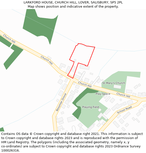 LARKFORD HOUSE, CHURCH HILL, LOVER, SALISBURY, SP5 2PL: Location map and indicative extent of plot