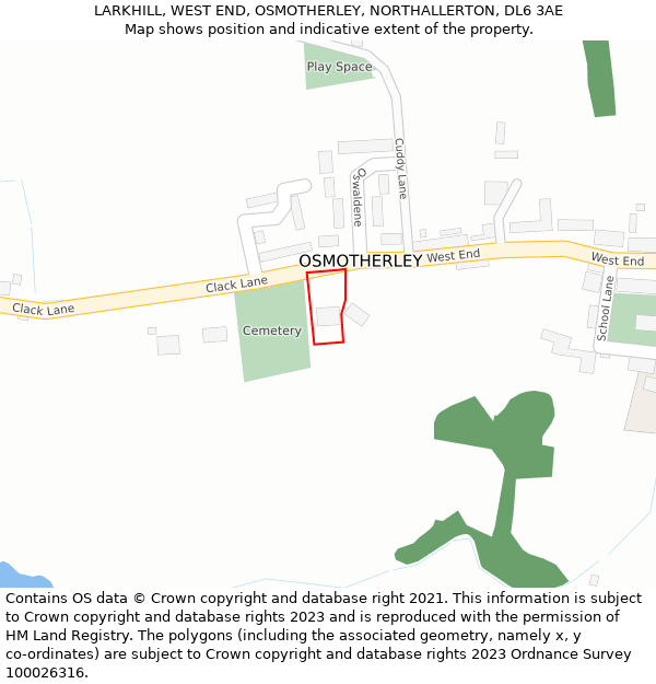 LARKHILL, WEST END, OSMOTHERLEY, NORTHALLERTON, DL6 3AE: Location map and indicative extent of plot