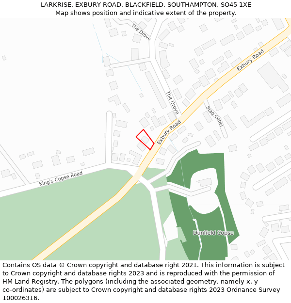 LARKRISE, EXBURY ROAD, BLACKFIELD, SOUTHAMPTON, SO45 1XE: Location map and indicative extent of plot