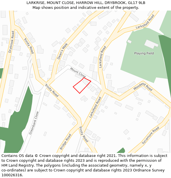 LARKRISE, MOUNT CLOSE, HARROW HILL, DRYBROOK, GL17 9LB: Location map and indicative extent of plot