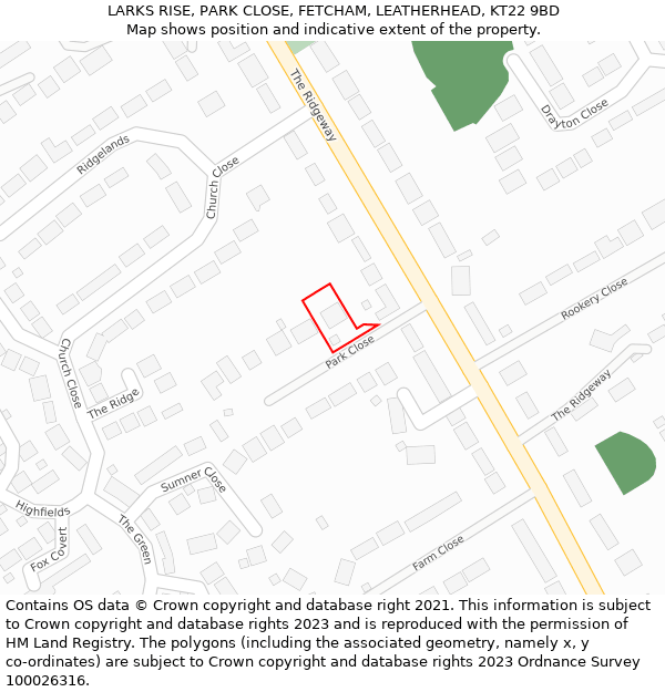 LARKS RISE, PARK CLOSE, FETCHAM, LEATHERHEAD, KT22 9BD: Location map and indicative extent of plot