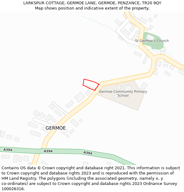 LARKSPUR COTTAGE, GERMOE LANE, GERMOE, PENZANCE, TR20 9QY: Location map and indicative extent of plot