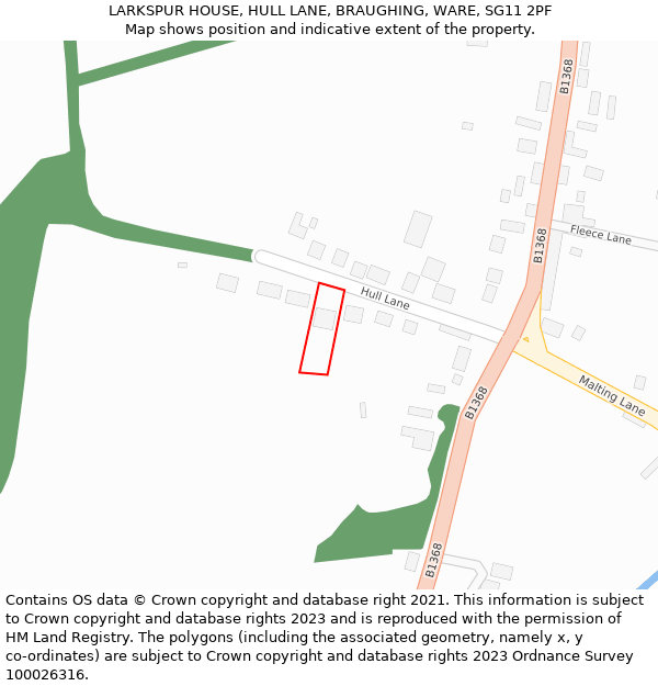 LARKSPUR HOUSE, HULL LANE, BRAUGHING, WARE, SG11 2PF: Location map and indicative extent of plot