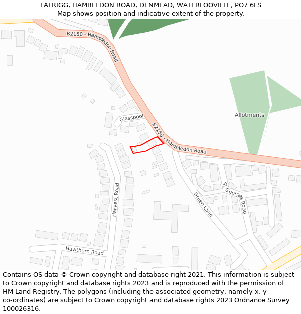 LATRIGG, HAMBLEDON ROAD, DENMEAD, WATERLOOVILLE, PO7 6LS: Location map and indicative extent of plot