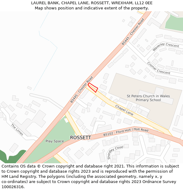 LAUREL BANK, CHAPEL LANE, ROSSETT, WREXHAM, LL12 0EE: Location map and indicative extent of plot