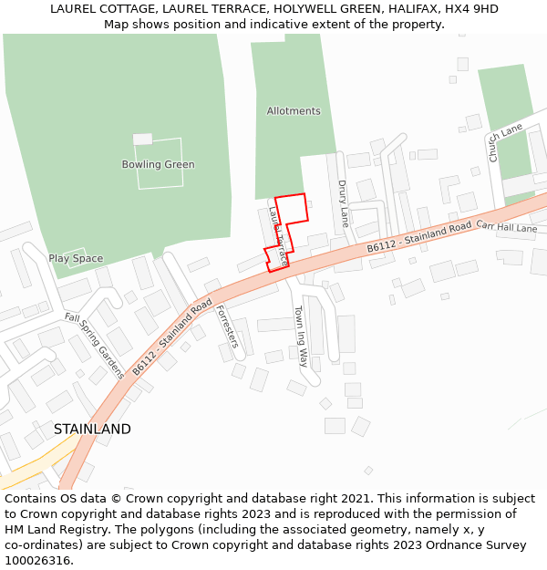 LAUREL COTTAGE, LAUREL TERRACE, HOLYWELL GREEN, HALIFAX, HX4 9HD: Location map and indicative extent of plot