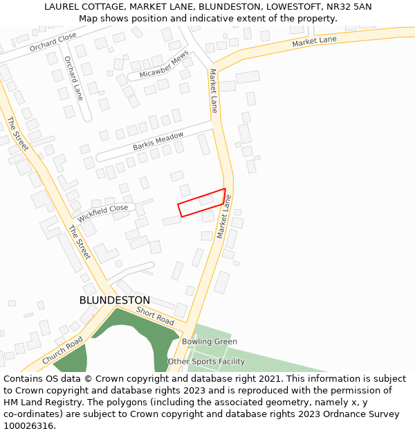 LAUREL COTTAGE, MARKET LANE, BLUNDESTON, LOWESTOFT, NR32 5AN: Location map and indicative extent of plot