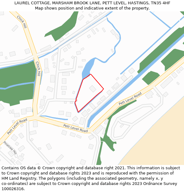 LAUREL COTTAGE, MARSHAM BROOK LANE, PETT LEVEL, HASTINGS, TN35 4HF: Location map and indicative extent of plot