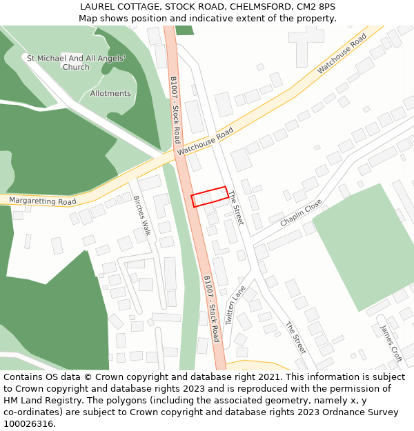 LAUREL COTTAGE, STOCK ROAD, CHELMSFORD, CM2 8PS: Location map and indicative extent of plot