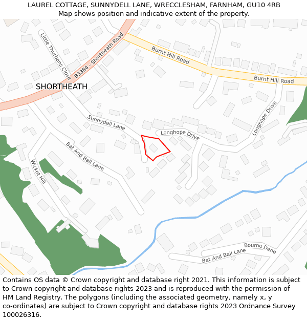 LAUREL COTTAGE, SUNNYDELL LANE, WRECCLESHAM, FARNHAM, GU10 4RB: Location map and indicative extent of plot