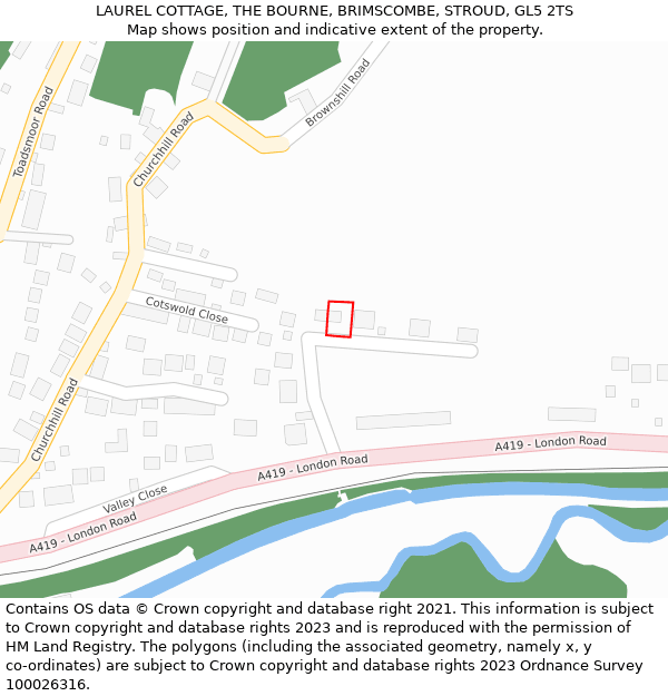 LAUREL COTTAGE, THE BOURNE, BRIMSCOMBE, STROUD, GL5 2TS: Location map and indicative extent of plot