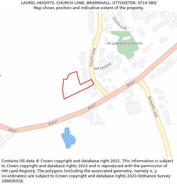 LAUREL HEIGHTS, CHURCH LANE, BRAMSHALL, UTTOXETER, ST14 5BQ: Location map and indicative extent of plot