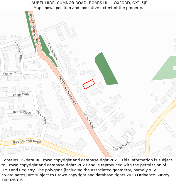 LAUREL HIDE, CUMNOR ROAD, BOARS HILL, OXFORD, OX1 5JP: Location map and indicative extent of plot