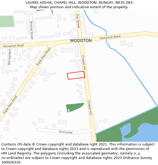LAUREL HOUSE, CHAPEL HILL, WOODTON, BUNGAY, NR35 2NX: Location map and indicative extent of plot