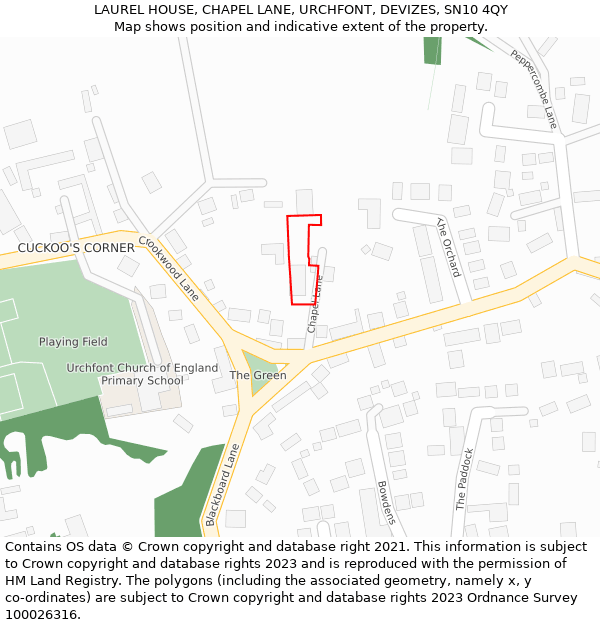 LAUREL HOUSE, CHAPEL LANE, URCHFONT, DEVIZES, SN10 4QY: Location map and indicative extent of plot