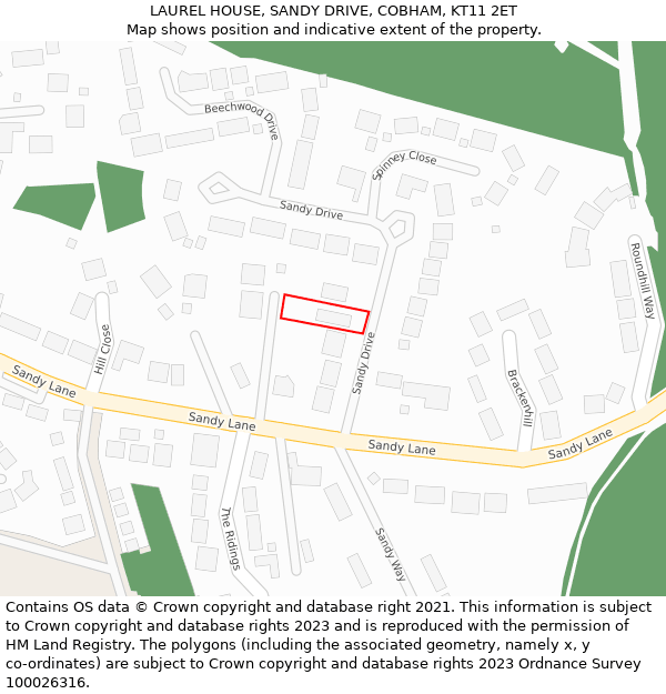 LAUREL HOUSE, SANDY DRIVE, COBHAM, KT11 2ET: Location map and indicative extent of plot