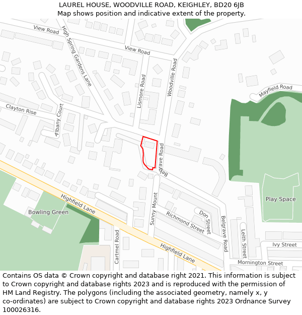 LAUREL HOUSE, WOODVILLE ROAD, KEIGHLEY, BD20 6JB: Location map and indicative extent of plot