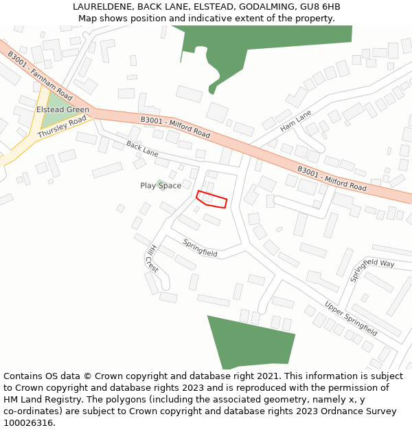 LAURELDENE, BACK LANE, ELSTEAD, GODALMING, GU8 6HB: Location map and indicative extent of plot