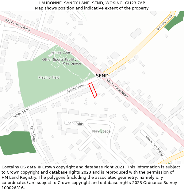 LAURONNE, SANDY LANE, SEND, WOKING, GU23 7AP: Location map and indicative extent of plot