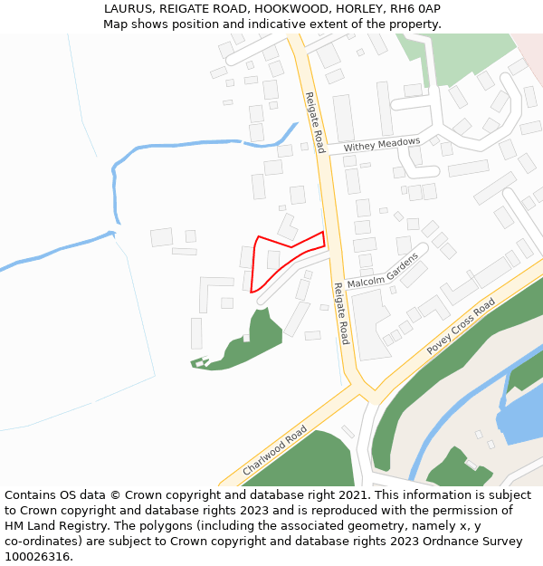 LAURUS, REIGATE ROAD, HOOKWOOD, HORLEY, RH6 0AP: Location map and indicative extent of plot