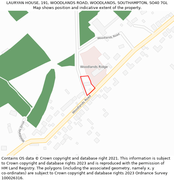 LAURYAN HOUSE, 191, WOODLANDS ROAD, WOODLANDS, SOUTHAMPTON, SO40 7GL: Location map and indicative extent of plot