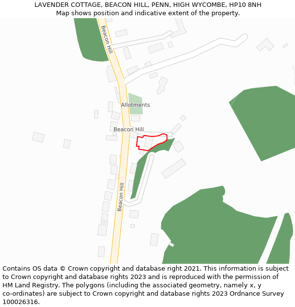 LAVENDER COTTAGE, BEACON HILL, PENN, HIGH WYCOMBE, HP10 8NH: Location map and indicative extent of plot