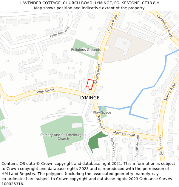 LAVENDER COTTAGE, CHURCH ROAD, LYMINGE, FOLKESTONE, CT18 8JA: Location map and indicative extent of plot