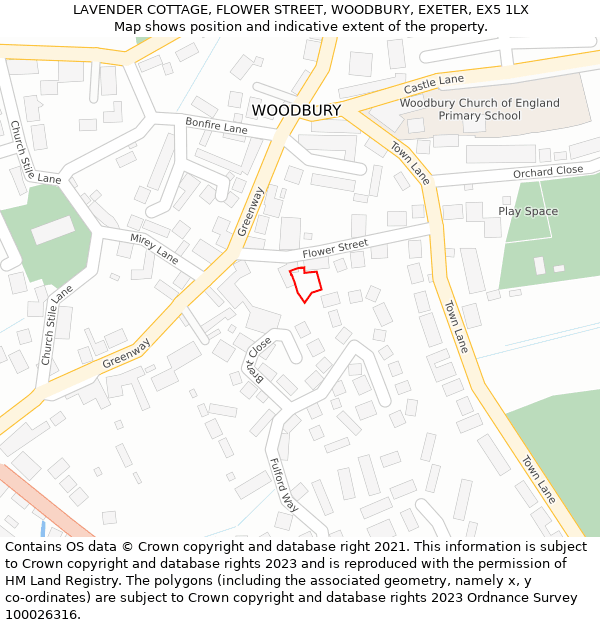 LAVENDER COTTAGE, FLOWER STREET, WOODBURY, EXETER, EX5 1LX: Location map and indicative extent of plot