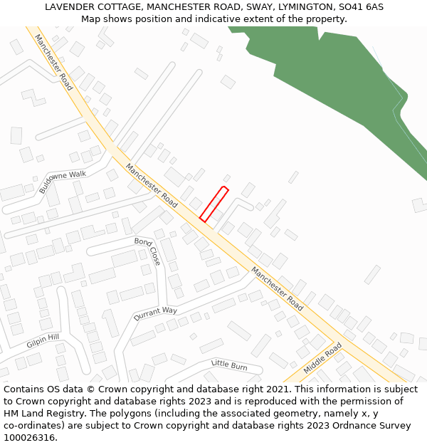 LAVENDER COTTAGE, MANCHESTER ROAD, SWAY, LYMINGTON, SO41 6AS: Location map and indicative extent of plot