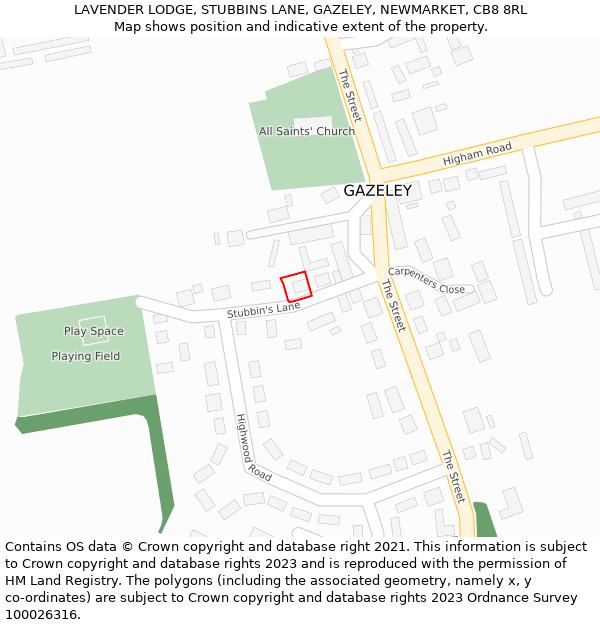 LAVENDER LODGE, STUBBINS LANE, GAZELEY, NEWMARKET, CB8 8RL: Location map and indicative extent of plot