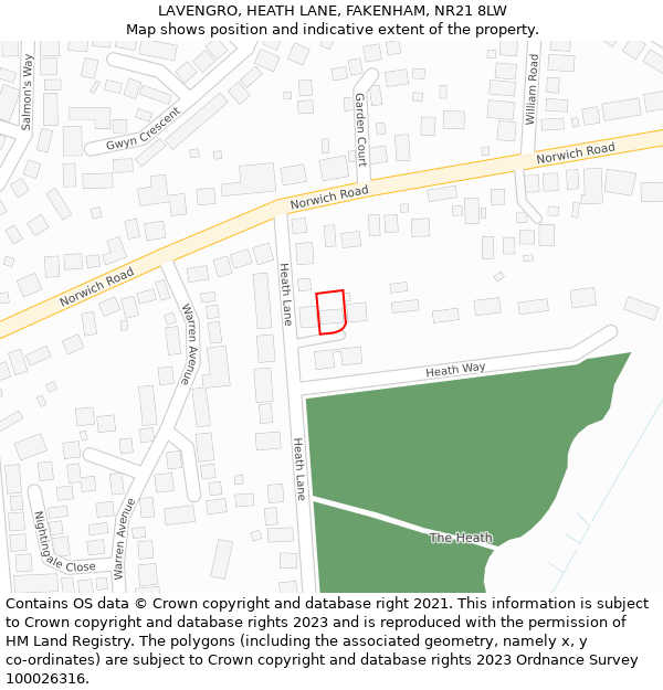 LAVENGRO, HEATH LANE, FAKENHAM, NR21 8LW: Location map and indicative extent of plot