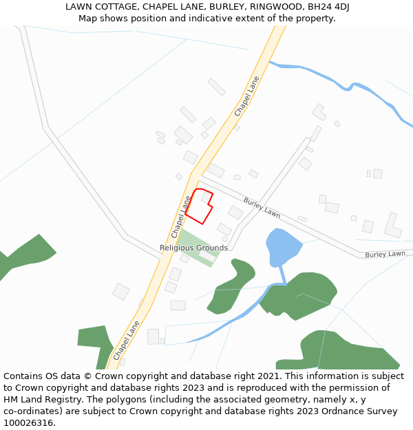 LAWN COTTAGE, CHAPEL LANE, BURLEY, RINGWOOD, BH24 4DJ: Location map and indicative extent of plot