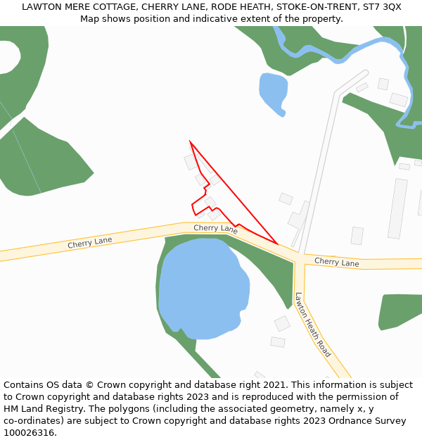 LAWTON MERE COTTAGE, CHERRY LANE, RODE HEATH, STOKE-ON-TRENT, ST7 3QX: Location map and indicative extent of plot