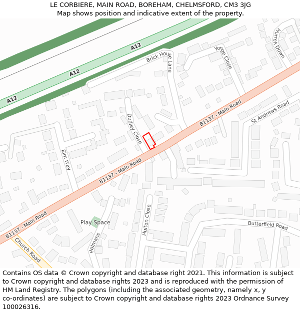 LE CORBIERE, MAIN ROAD, BOREHAM, CHELMSFORD, CM3 3JG: Location map and indicative extent of plot