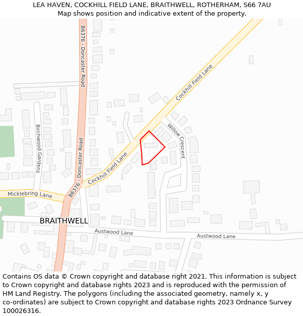 LEA HAVEN, COCKHILL FIELD LANE, BRAITHWELL, ROTHERHAM, S66 7AU: Location map and indicative extent of plot