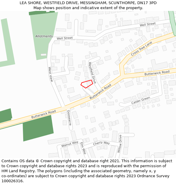 LEA SHORE, WESTFIELD DRIVE, MESSINGHAM, SCUNTHORPE, DN17 3PD: Location map and indicative extent of plot