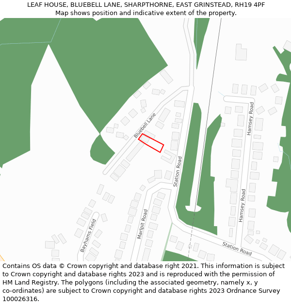 LEAF HOUSE, BLUEBELL LANE, SHARPTHORNE, EAST GRINSTEAD, RH19 4PF: Location map and indicative extent of plot