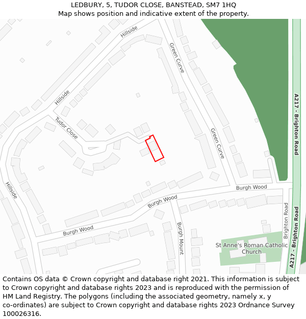 LEDBURY, 5, TUDOR CLOSE, BANSTEAD, SM7 1HQ: Location map and indicative extent of plot