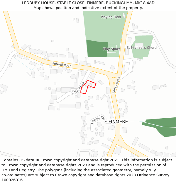 LEDBURY HOUSE, STABLE CLOSE, FINMERE, BUCKINGHAM, MK18 4AD: Location map and indicative extent of plot