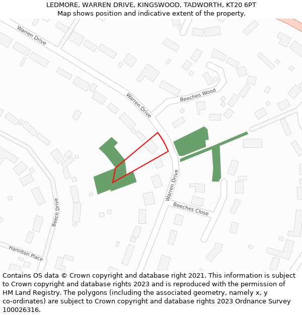 LEDMORE, WARREN DRIVE, KINGSWOOD, TADWORTH, KT20 6PT: Location map and indicative extent of plot