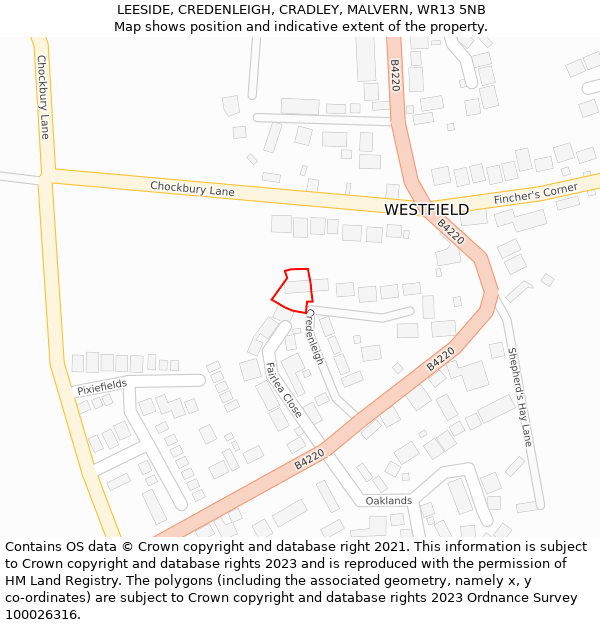 LEESIDE, CREDENLEIGH, CRADLEY, MALVERN, WR13 5NB: Location map and indicative extent of plot