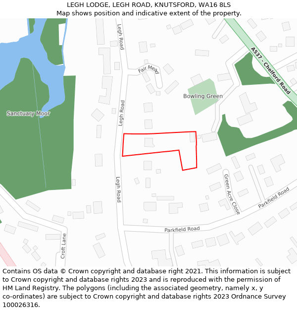 LEGH LODGE, LEGH ROAD, KNUTSFORD, WA16 8LS: Location map and indicative extent of plot