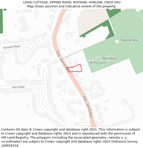 LEIGH COTTAGE, EPPING ROAD, ROYDON, HARLOW, CM19 5HU: Location map and indicative extent of plot