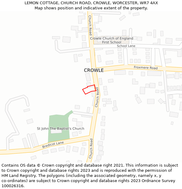 LEMON COTTAGE, CHURCH ROAD, CROWLE, WORCESTER, WR7 4AX: Location map and indicative extent of plot