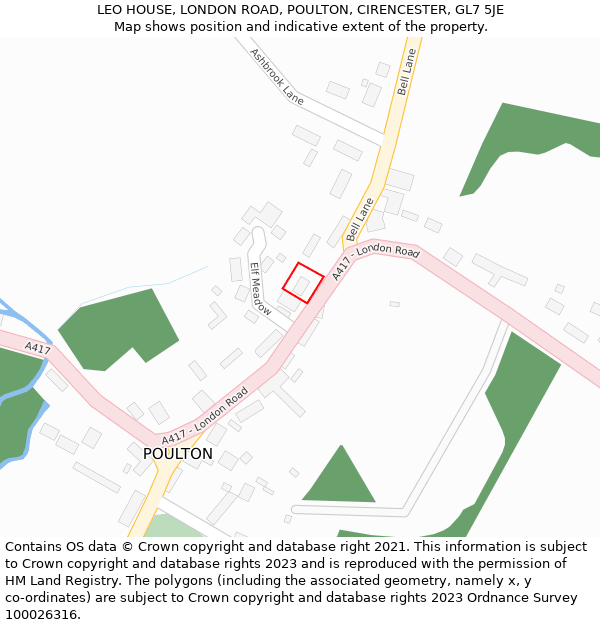 LEO HOUSE, LONDON ROAD, POULTON, CIRENCESTER, GL7 5JE: Location map and indicative extent of plot