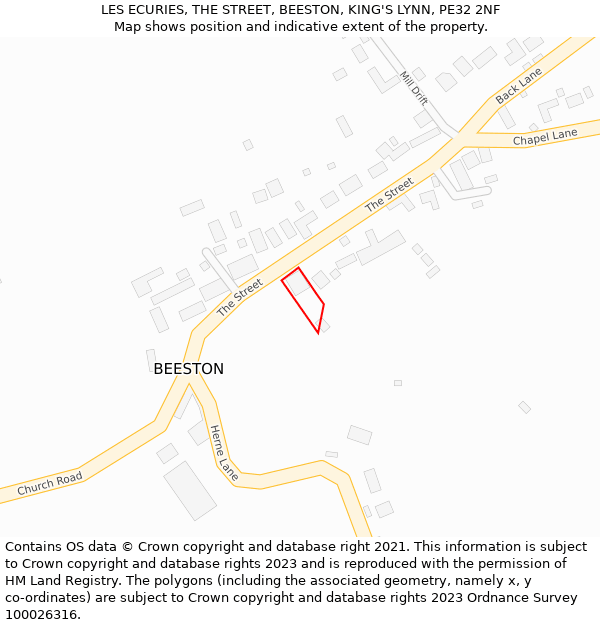 LES ECURIES, THE STREET, BEESTON, KING'S LYNN, PE32 2NF: Location map and indicative extent of plot