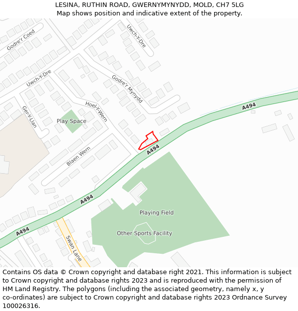 LESINA, RUTHIN ROAD, GWERNYMYNYDD, MOLD, CH7 5LG: Location map and indicative extent of plot