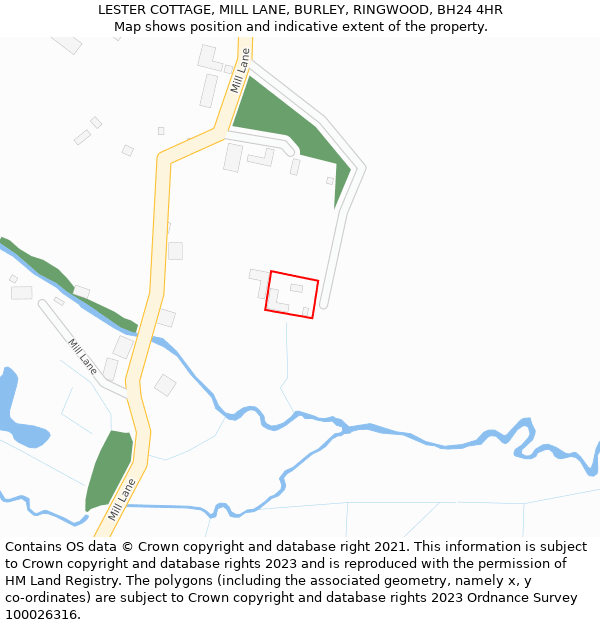 LESTER COTTAGE, MILL LANE, BURLEY, RINGWOOD, BH24 4HR: Location map and indicative extent of plot